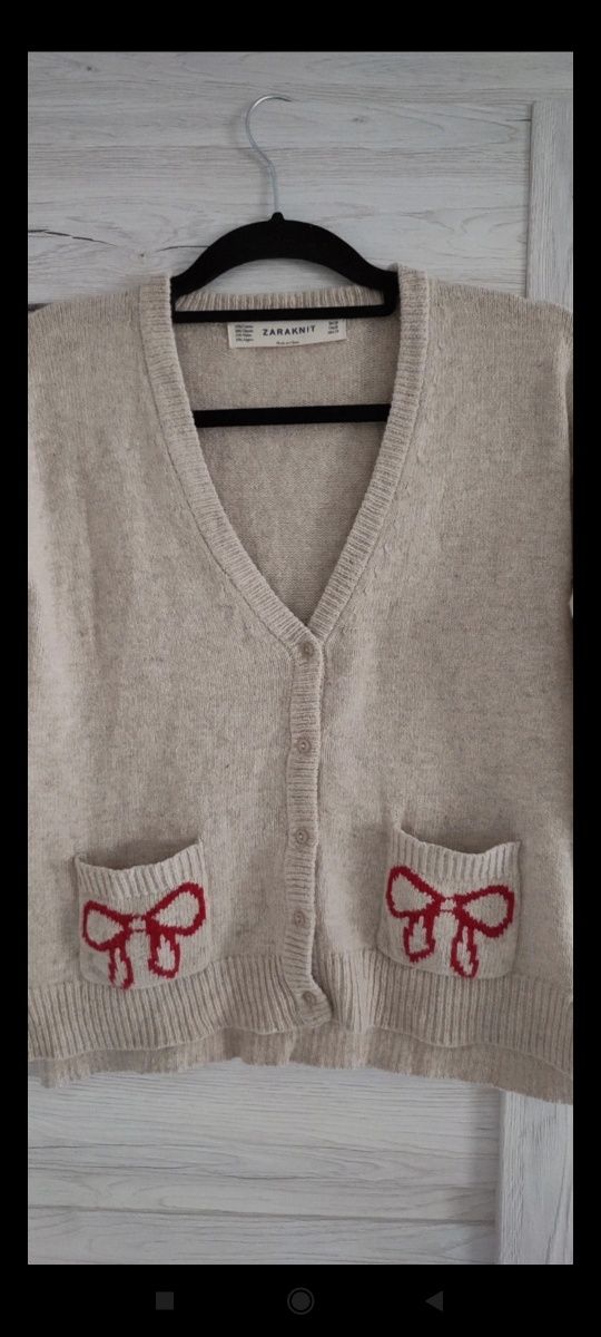 Sweter Kardigan Z Motywem Kokardek Bawełniany Beżowy Zara rozmiar M