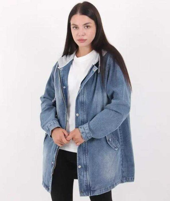 Стильная джинсовая батальная куртка с капюшоном, можно оверсайз