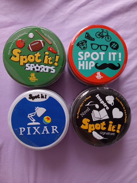 Dobble Sportowe, Dobble Hip wąs, Dobble naukowe czarne, Dobble Pixar