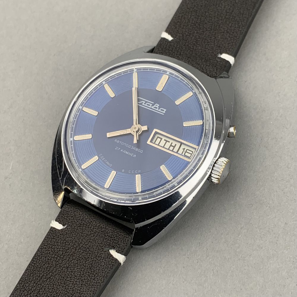 Zegarek vintage Slava – Blue Dial | automat | dzień i data | USSR