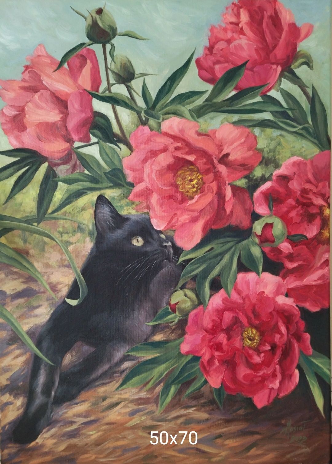 Obraz olejny kot kwiaty piwonie ogród