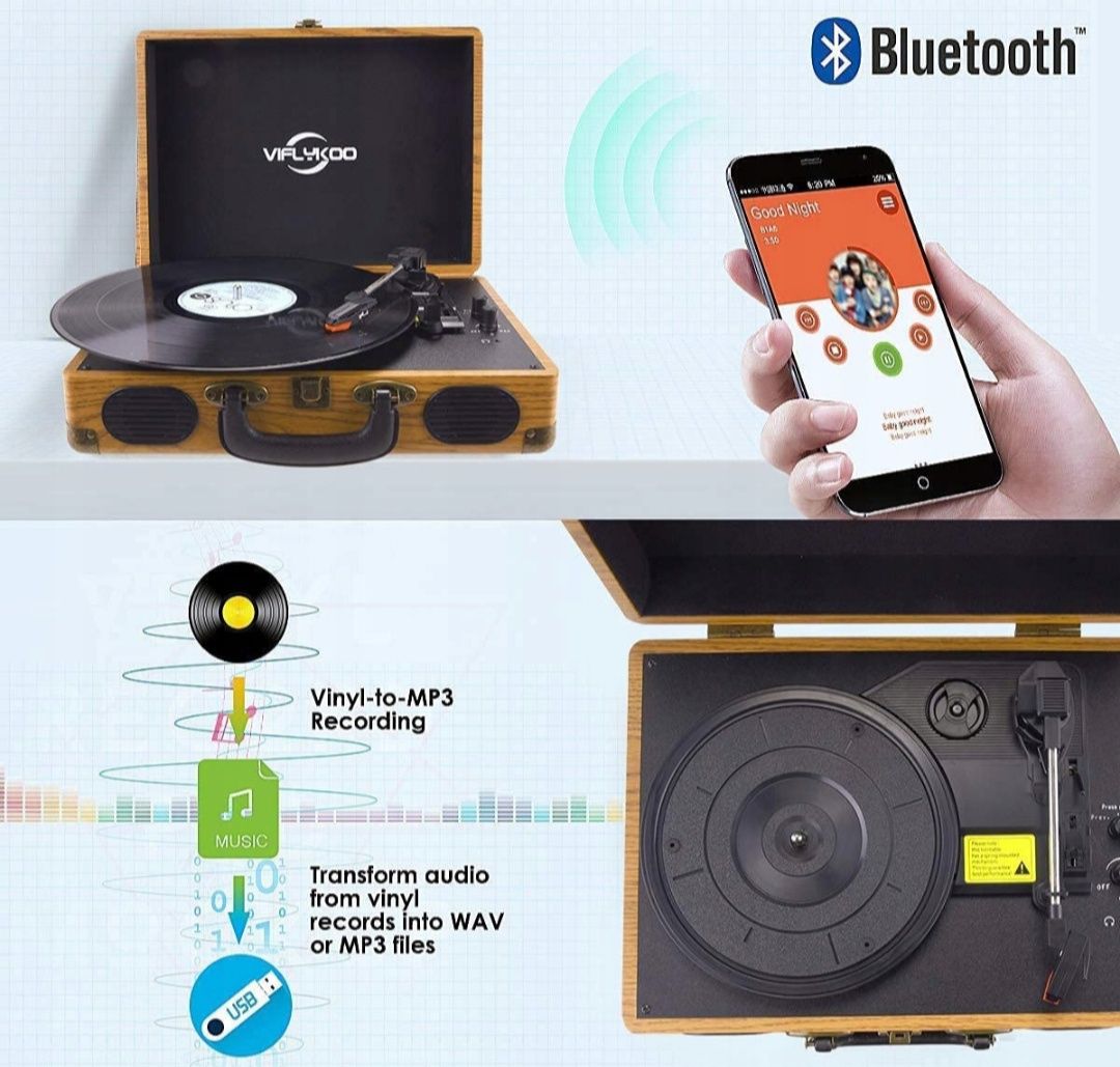 Gramofon jak nowy Walizka drewniana Viflykoo okazja USB bluetooth