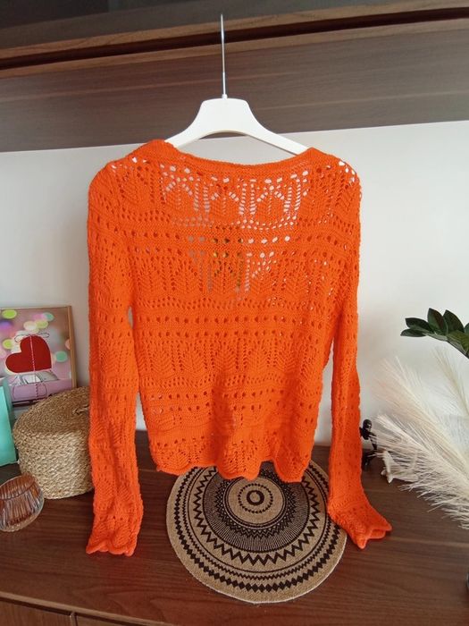 Pomarańczowy ażurowy sweterek ze ściągaczem na lato XS S nowy