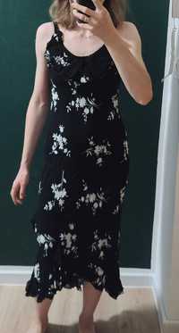 Sukienka Vintage S M czarna w kwiatki biała falbanki wiskoza lato