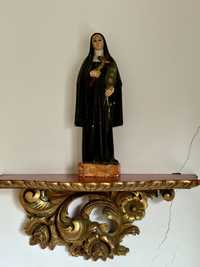 Imagem religiosa de Santa Rita e respectiva pianha em madeira dourada
