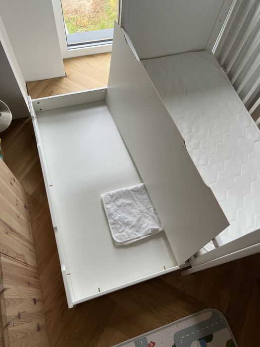 Łóżeczko woodies modern cot + dodatkowy bok, szuflada, materac ikea