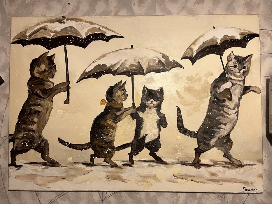 Obraz 100x70, farba olejna, motyw kotów