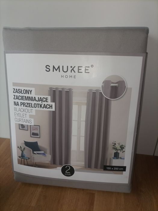 2 zasłony szare na przelotkach blackout w 100% zaciemniające Smukee