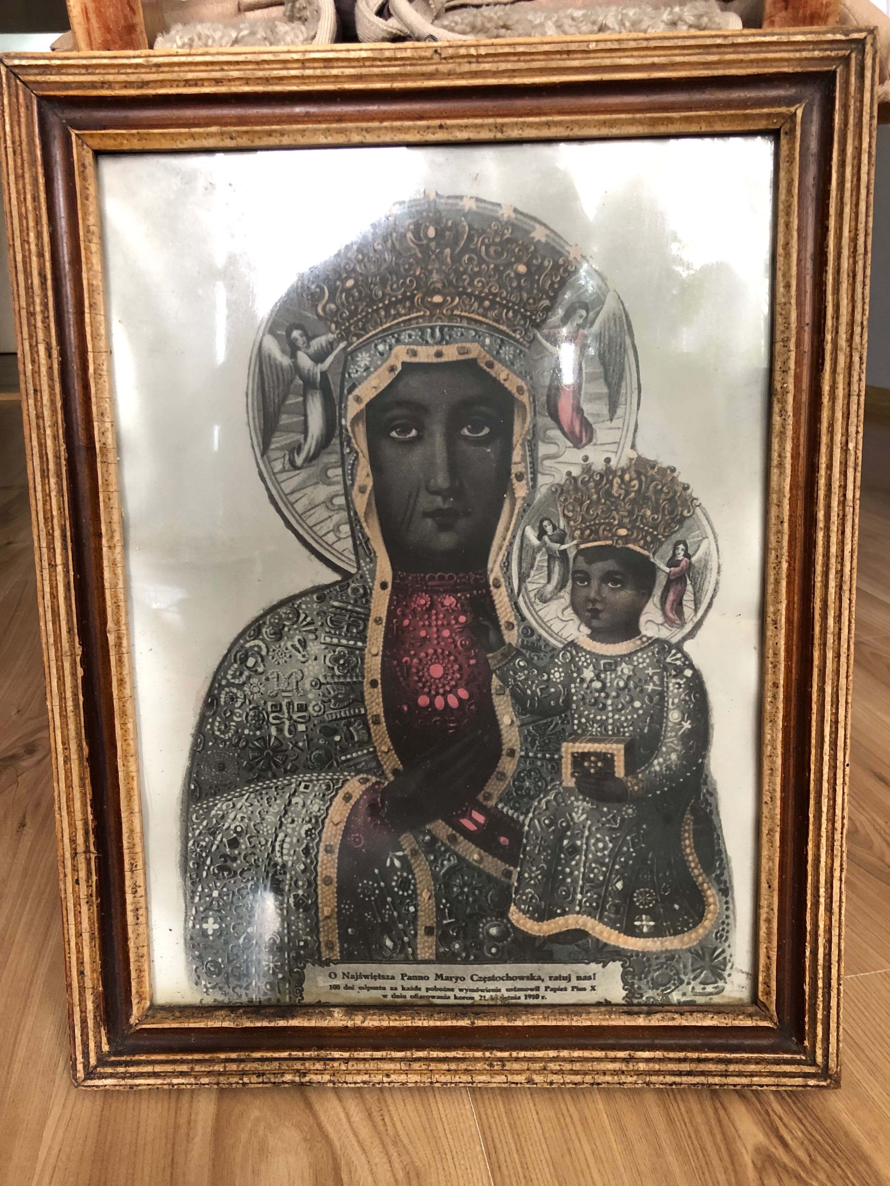 Matka Boska Częstochowska stary oleodruk antyk obraz religijny