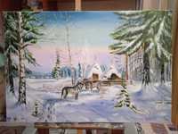 Зима, волки картина маслом на холсте 40х60
