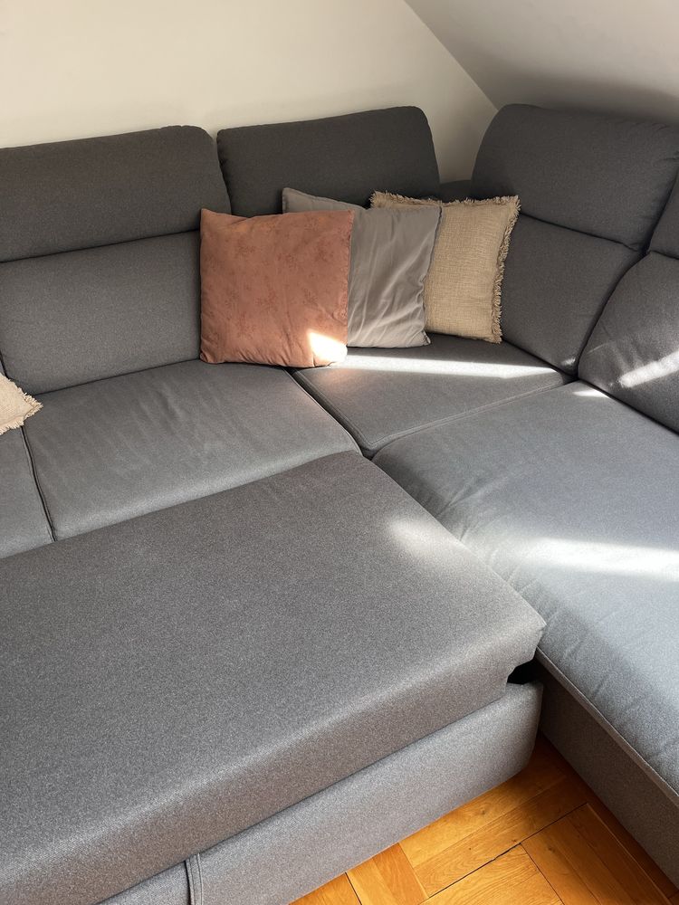 Kanapa duża rozkładana sofa szara funkcja spania pojemnik narożnik