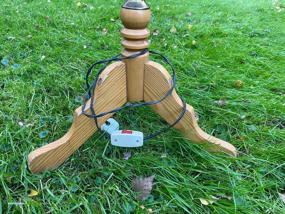 Lampa podłogowa stojąca drewno+mosiądz abażurem skóra VINTAGE komplet