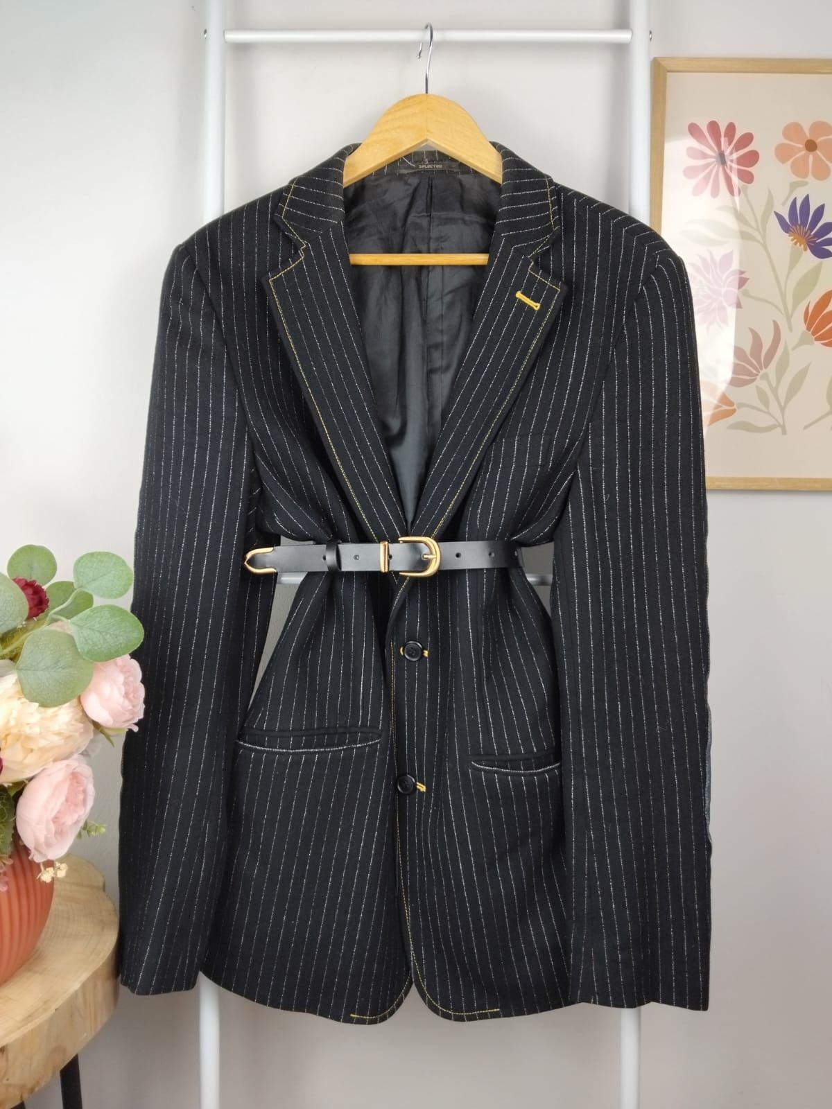 Wełniana marynarka prążkowana żakiet garnitur denim jeans dżins klasyk