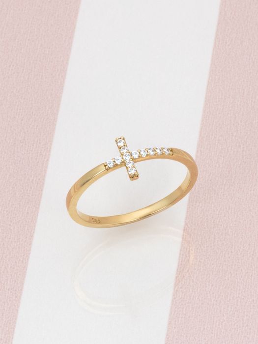 Delikatny złoty pierścionek krzyż z cyrkoniami, krzyżyk 585