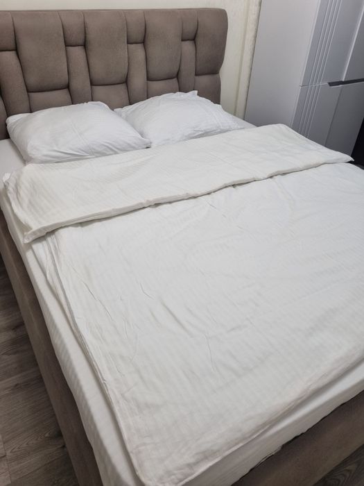 Двухспальний комплект постільна білизна евкаліпт та білий страйп-сатин