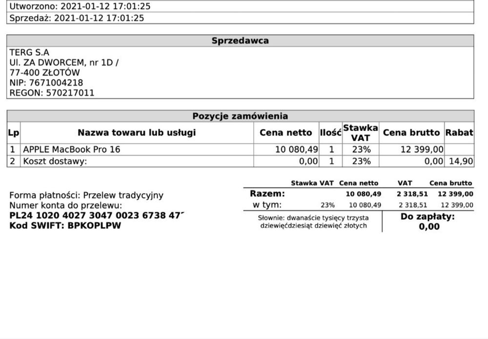 Apple MacBook Pro 16" Retina i9-9980H 16GB SSD 1TB