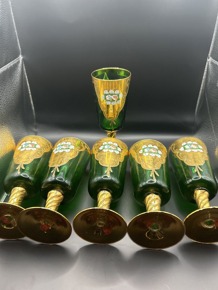 Jarro e copos Murano Barbini Original Verde Ouro 24K