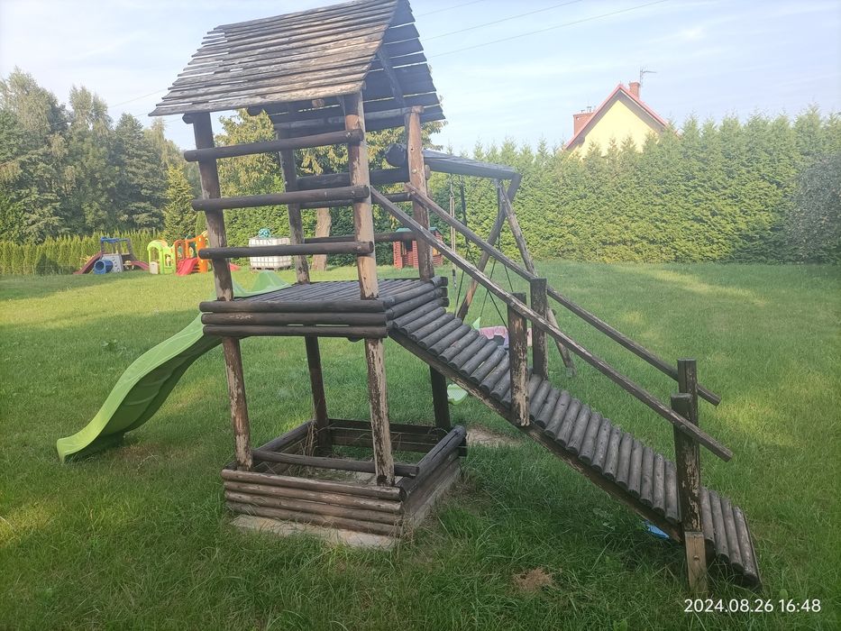 Zestaw zabawowy drewniany, domek, piaskownica, zjeżdżalnia, huśtawkii