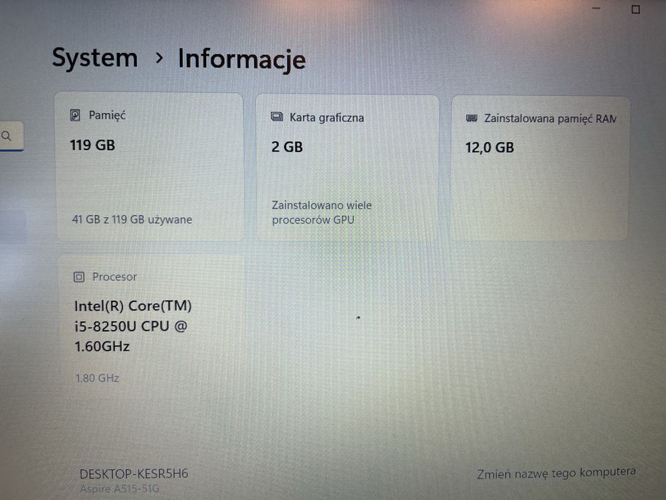 Laptop 15,6 Acer Aspire A515 i5-8-gen/RAM12GB/SSD120GB/MX130/Windows11