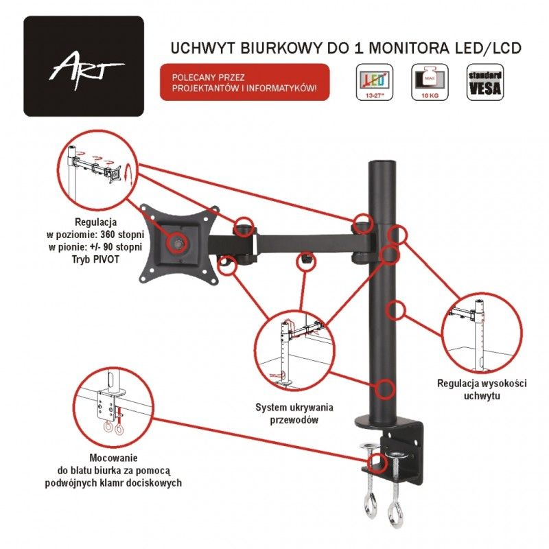 Uchwyt biurkowy do monitora wieszak LED/LCD 13-27" L-01 PIVOT