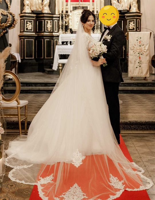 Sprzedam suknię ślubną– raz założona, księżniczka, długi rękaw +welony