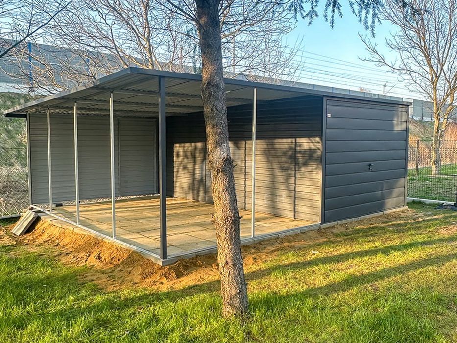 Garaż Blaszany 3X6M + Wiata - Brama - Antracyt - Spad W Tył Nb117