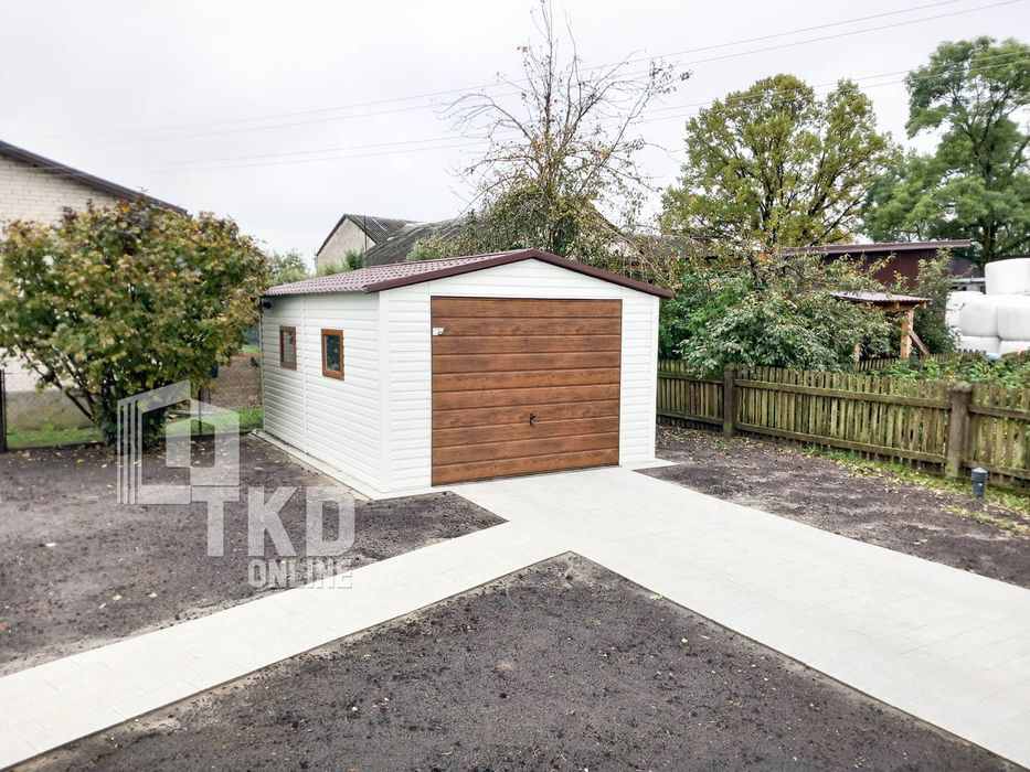 Garaż Blaszany 4X6 Brama 2X Okno - Biały + Ciemny Orzech  Tkd113