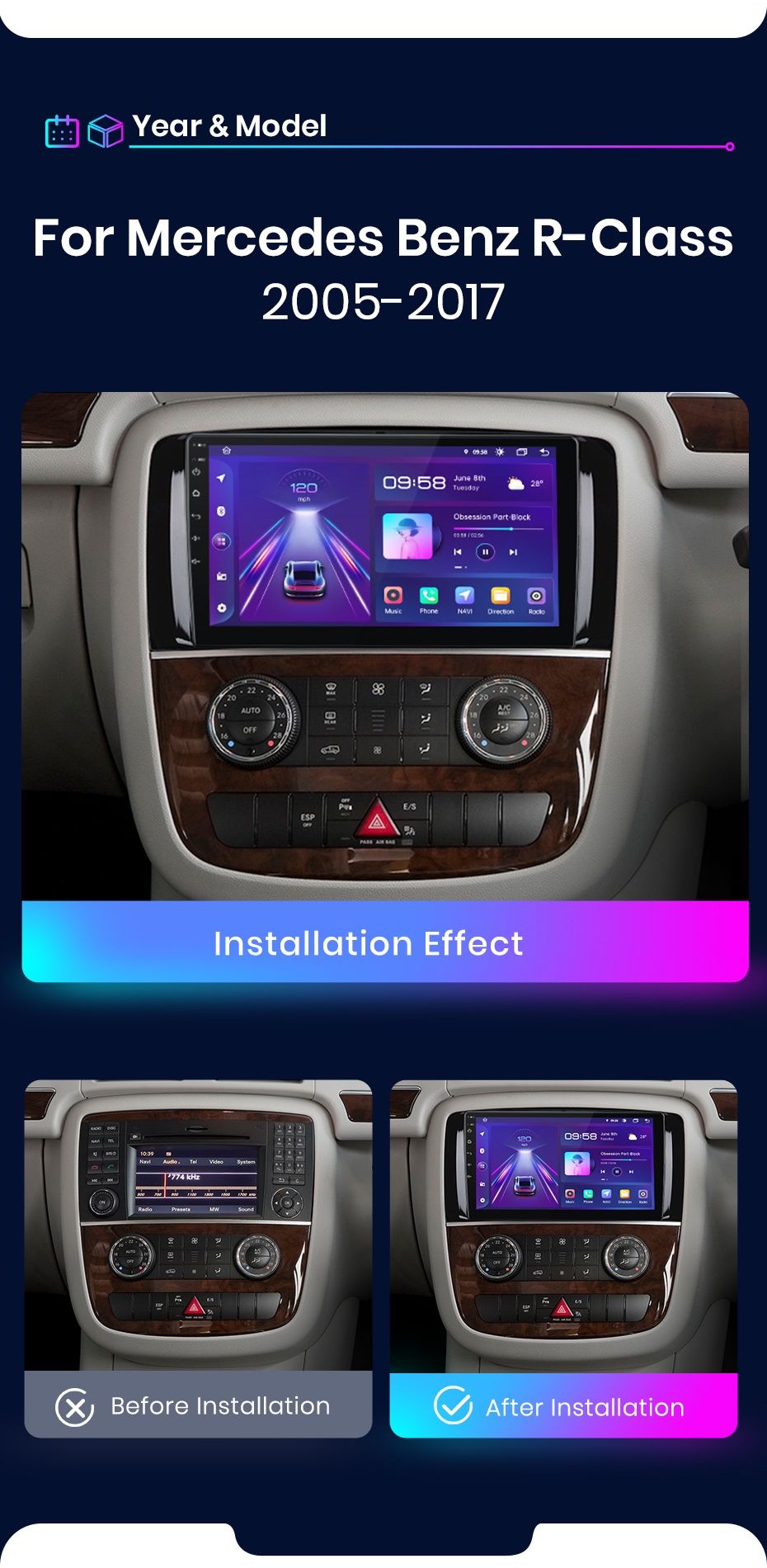 Rádio 9" Android Mercedes w251 Classe R300 R280 Carplay GPS WiFi 2/32G
