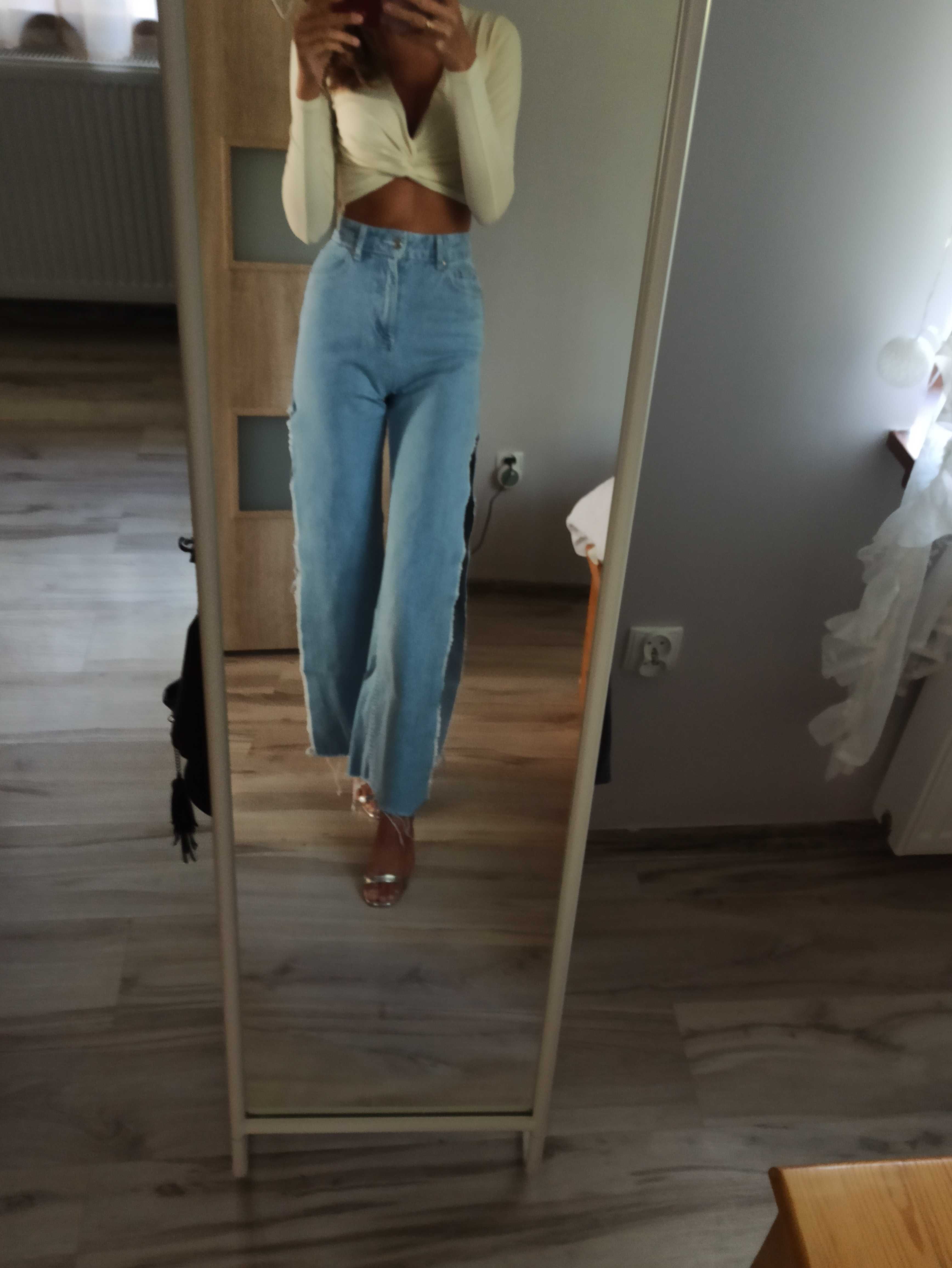 Spodnie jeansowe jeans dzwony rozcięcia wyższy stan XS surowe