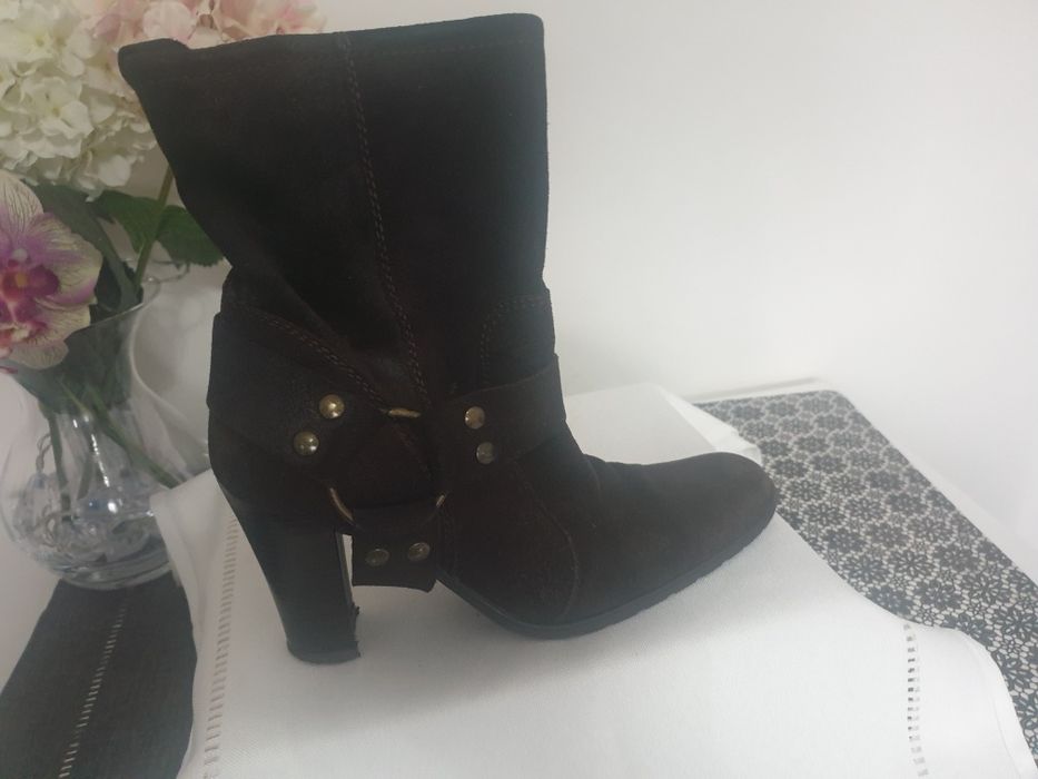 Botki Kozaki Skóra Zamsz 39 Brąz