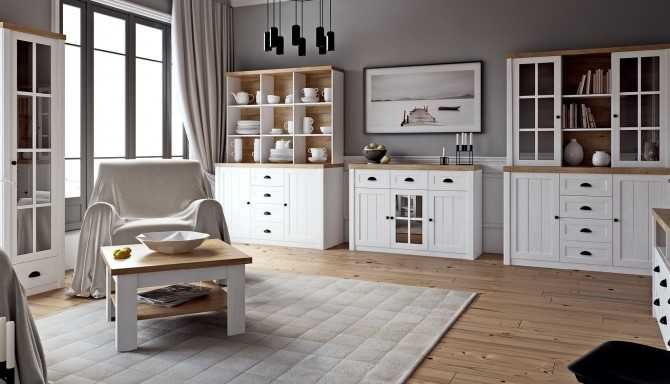 Meble systemowe, biel, drewno białe styl prowansalskim komoda witryna