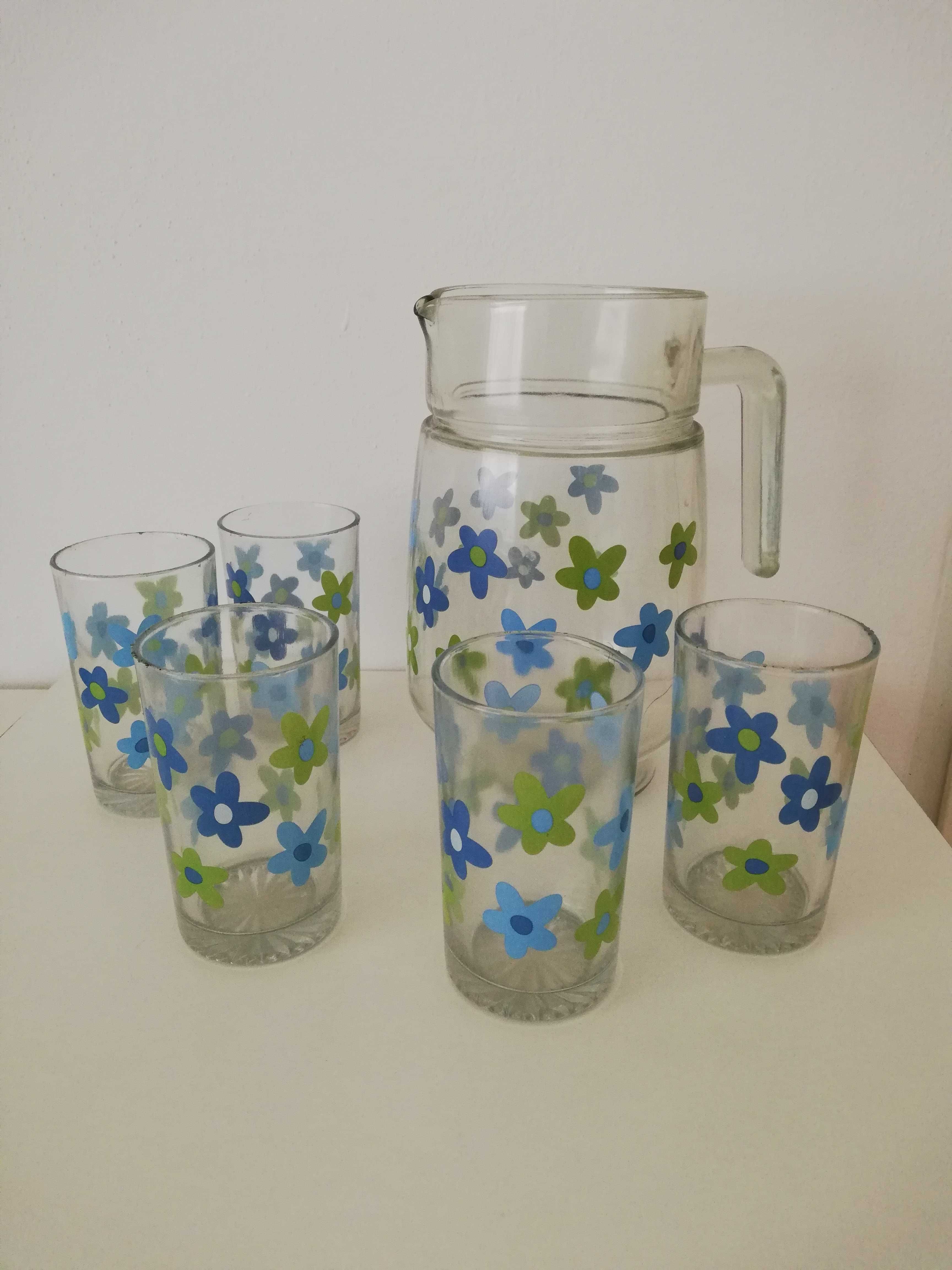 PRL zestaw szklany do wody/napojów dzbanek i 5 szklanek