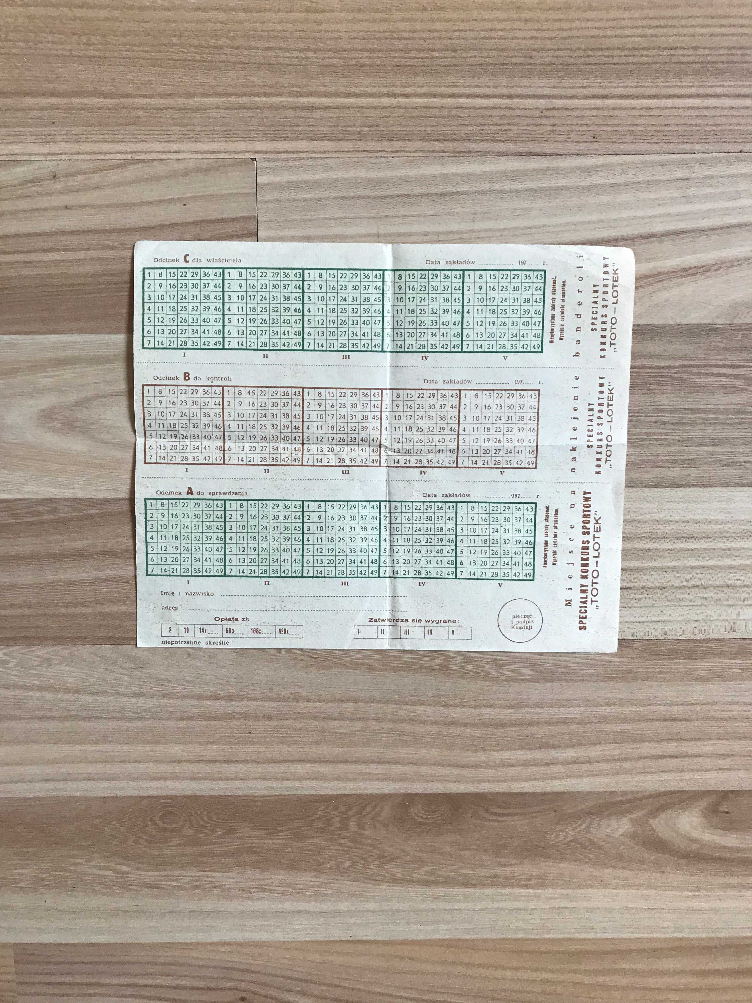 Kupon Lotto PRL 1970 r. Blankiet TOTOLOTEK czysty