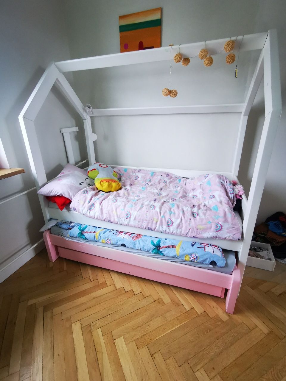 Łóżko podwójne wysuwane piętrowe domek
