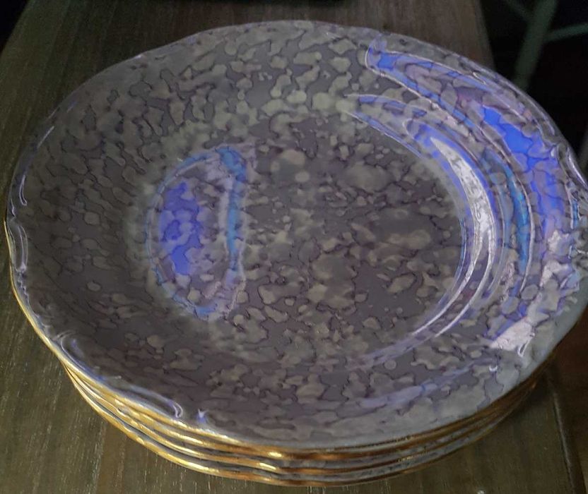 4 x talerzyk deserowy Tułowice PRL, opalizujący marmurek szaro-fiolet