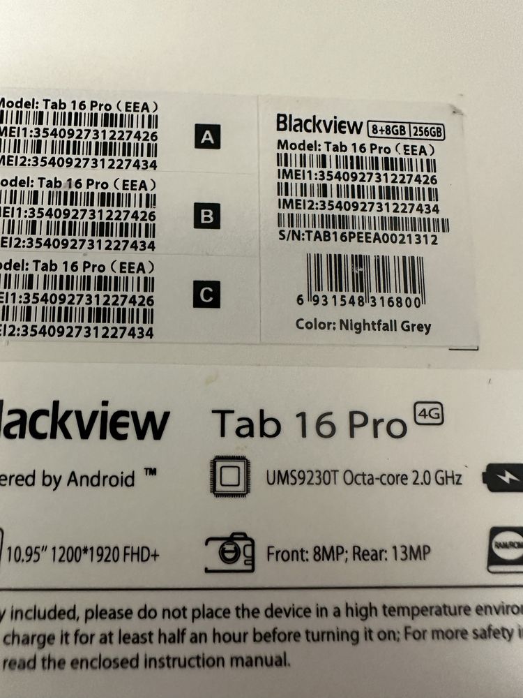 NOWY!!Tablet Blackview Tab 16 pro 16/256GB 11" 16GB / 256 GB Szary