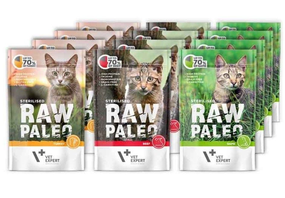 RAW PALEO STERILISED 12x100g -  dla kotów sterylizowanych -mix smaków