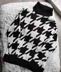 Damski sweter z golfem czarno biały golf wzorzysty XS-S