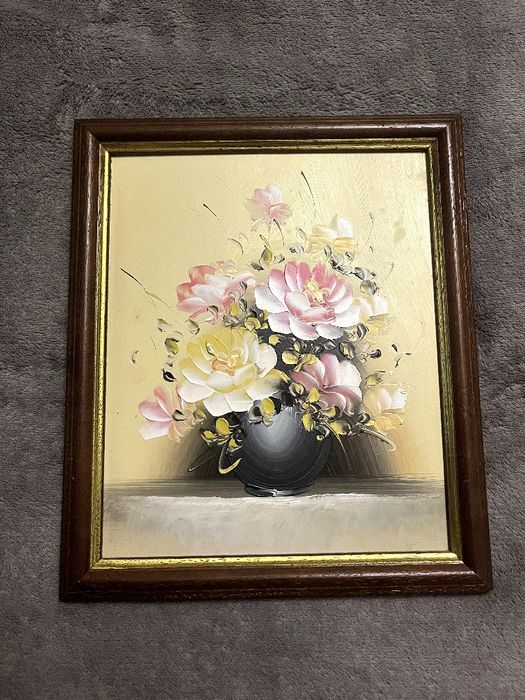 Obraz na płótnie, farby olejne drewniana rama motyw kwiatów w wazonie