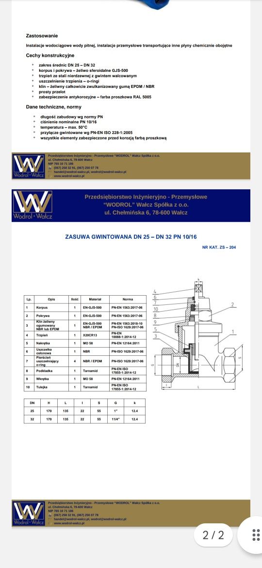 Zasuwa zawór gwintowana DN 25-32 PN 10/16 EODROL WAŁCZ