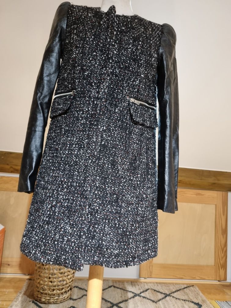 Casaco Tweed Zara com mangas em pele S