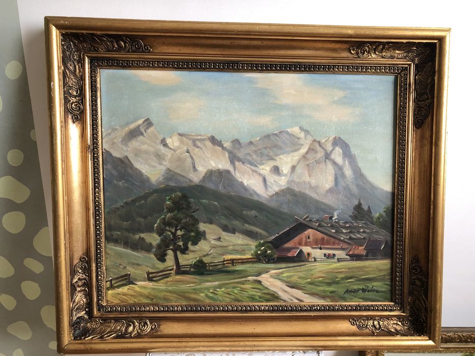 Obraz olejny – Górski pejzaż z chatą, sygnowany Anso Weise. Złota rama