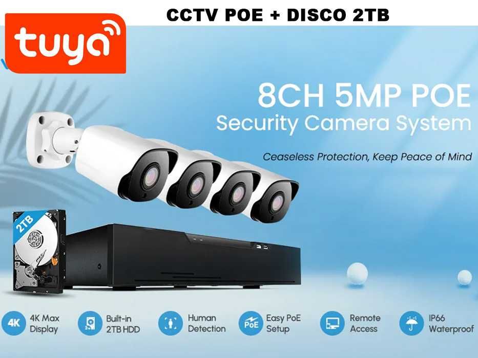 CCTV TUYA Sistema Vídeo Vigilância POE +4 Câmaras 4K 5MP (NOVO)