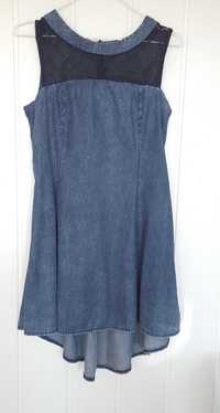 Asymetryczna rozkloszowana sukienka L 40 granatowa kropki jeans dżins