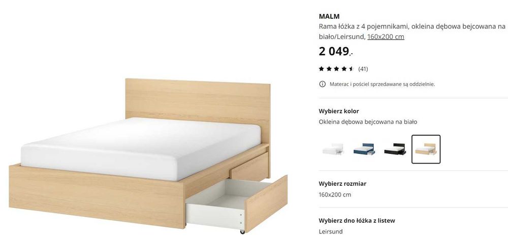 Łóżko 160x200 Ikea Malm szuflady TRANSPORT