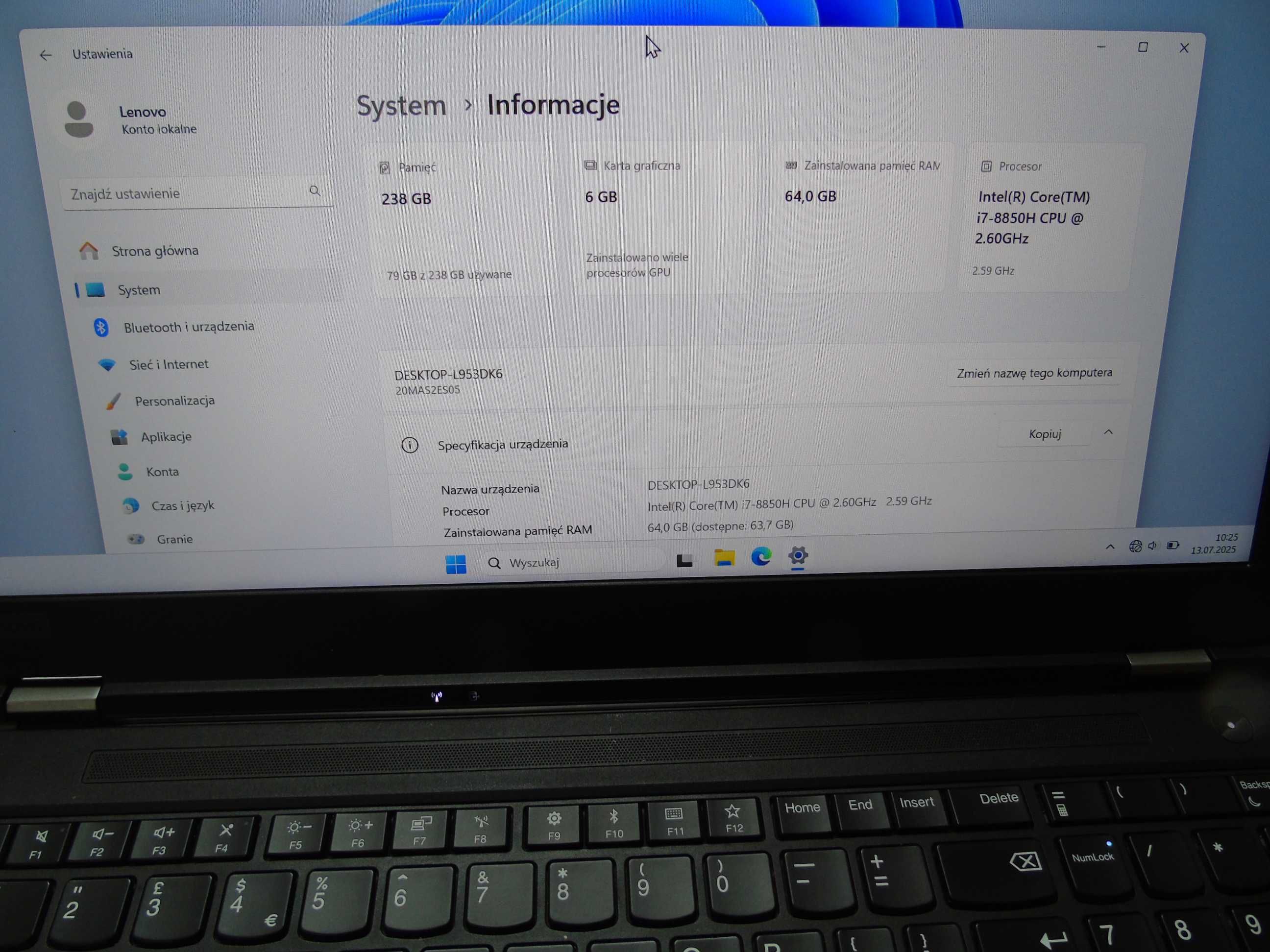 Laptop Lenovo P52 /i7/ 64GB/240GB