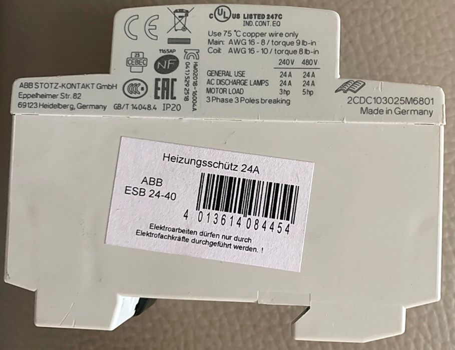Контактор модульный ABB ESB 24 40, ESB 40 40, ESB 63 40 Германия