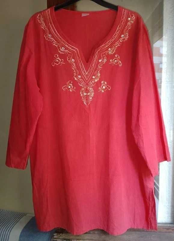 Túnica vermelha e dourada bordada, de algodão, XL