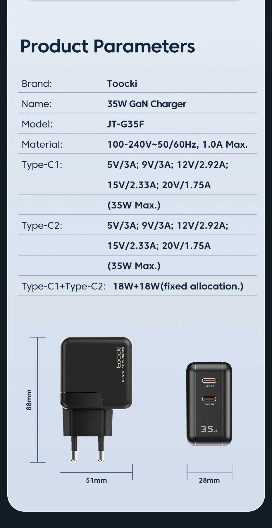 Швидка зарядка Toocki 35W JT-G35F