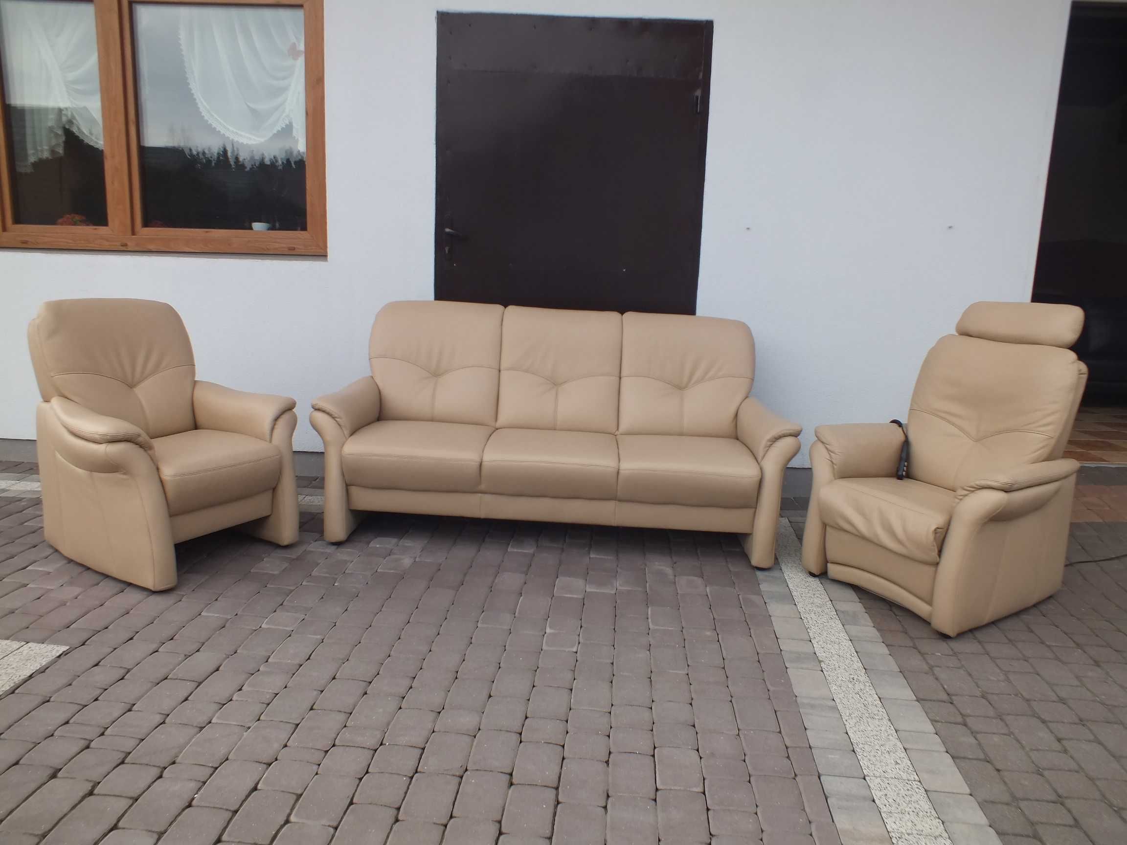 Zestaw kanapa + 2 fotele skóra naturalna elektryczna funkcja relax